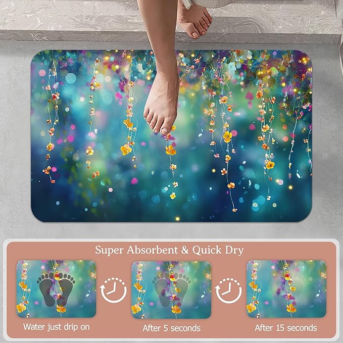 Non Slip Bath Mat,Abstract Flowers Bathroom Decor,Spring Floral Diatomaceous Bath Mat Quick Dry Absorbent Bathroom Rugs-Shower Rug for Kitchen Laundry Bathtub Shower 17"x29.5"