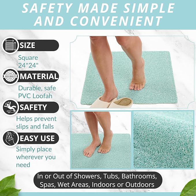 Enkosi Loofah Shower Mat Non Slip – Square Anti Slip Bath Mat for Inside Showers, Bathtub, Tub, Bathroom - Cushioned, Quick Dry PVC with Drain Holes - Secure Grip Safety Pad (Aqua Green 24x24)