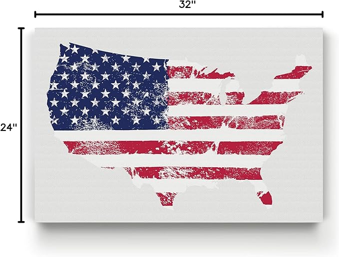 Renditions Gallery Canvas Patriotic Wall Art Home Paintings & Prints Vintage Faded American Flag Glam Modern White American Map Decorations for Bedroom Office Kitchen - 24"x32" LT25