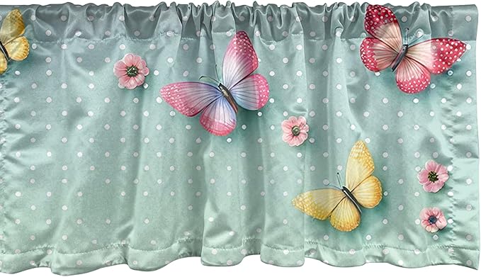 Ambesonne Butterfly Window Valance, Polka Dot Backdrop with Wings of Spring and Blushy Sakura Flowers, Curtain Valance for Kitchen Bedroom Decor with Rod Pocket, 54" X 12", Mint Green and Multicolor