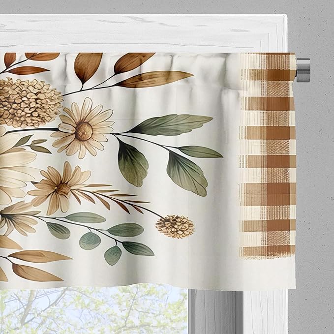 Ambesonne Sunflower Window Valance, Plaid Ornate Autumn Tones Daisy Huddle with Leaves Cottagecore Vibe, Curtain Valance for Kitchen Bedroom Decor with Rod Pocket, 54" X 12", Tan Taupe and Dark Pink