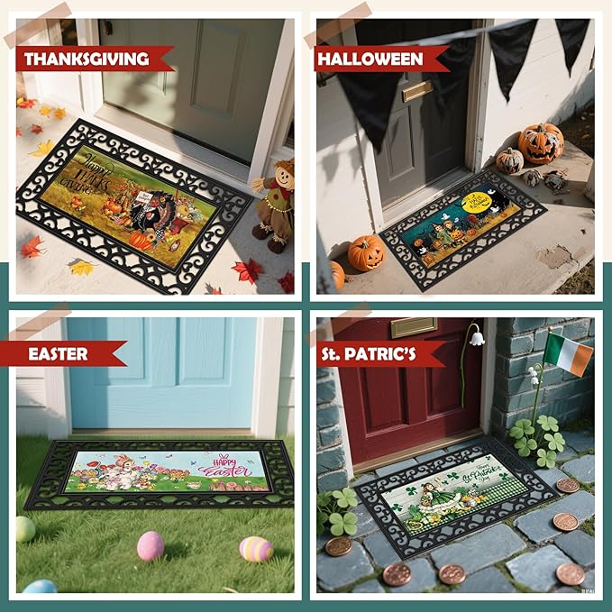 Nuanchu 12 Pcs Seasonal Door Mat Interchangeable Doormat Inserts Entrance Welcome Mats 22 x 10 Inches Non Slip Mats Gifts for Front Door Christmas Thanksgiving Decoration (No Frame)(Retro)