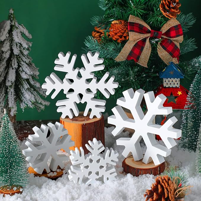 Blulu 4 Pcs Winter Wooden Snowflakes Decor Tabletop Decorations Christmas Snowflake Signs Winter Wooden Xmas Standing Table Sign Christmas Fireplace Decoration for Party Birthday(White)