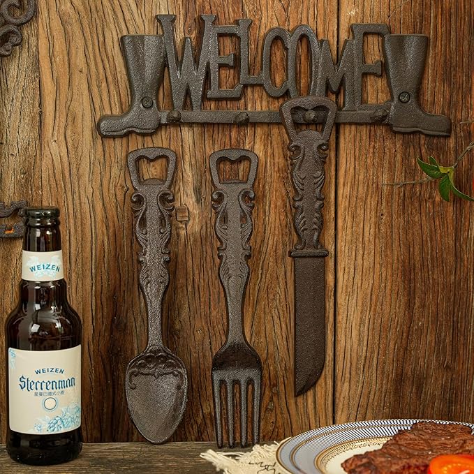 Sungmor Cast Iron Utensil Wall Décor Set with Bottle Opener - Vintage Fork, Spoon & Knife Wall Sculpture - Set of 3 Rustic Hanging Accents for Kitchen, Dining Room or Bar