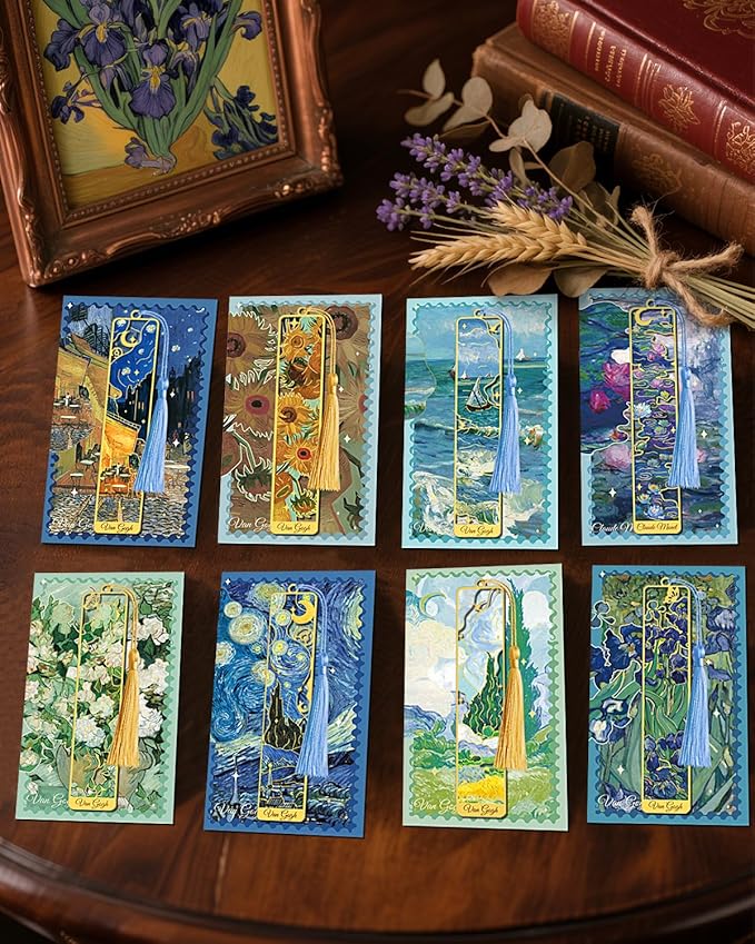 8 Pieces Metal Bookmarks with Tassel, Golden Hollow Bookmark Van Gogh Monet Oil Painting Theme Book Mark for Book Lovers Writers Readers Children Teens Men Women Adults