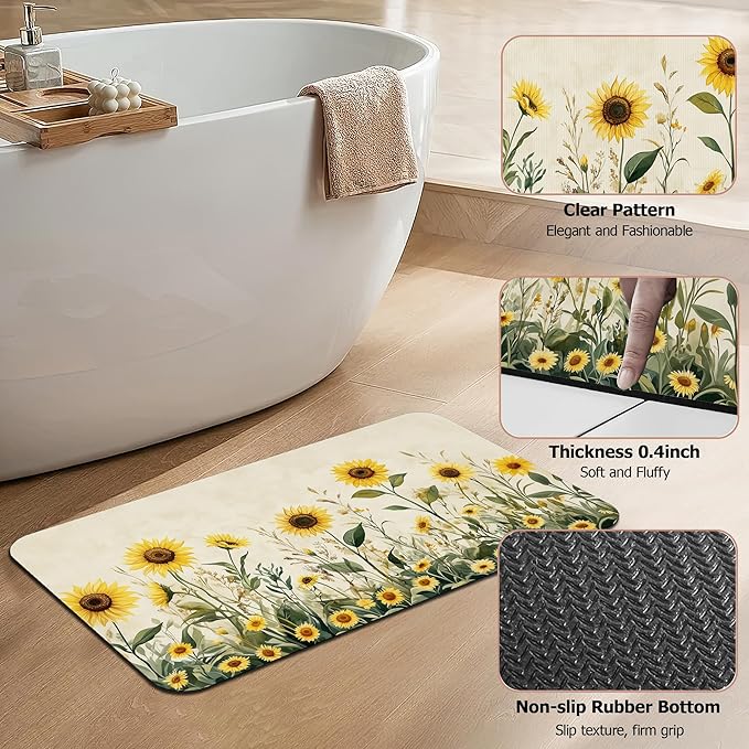 Yellow Floral Bath Mat,Sunflower Daisy Diatomaceous Earth Bath Mat,Rubber Backing Quick Dry Absorbent Washable Bathroom Rugs for Tub Non Slip 17"x29.5"