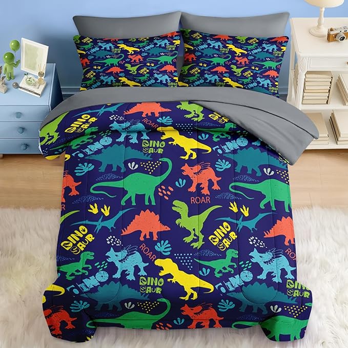 Comforter Set Queen Size, Dinosaur Shark Vintage 7 Pcs Bedding for Kids and Adults, Tropical Dino Bed Sheet Sets with Fitted Sheet 2 Pillowcase & 2 Sham for Bedroom Bed Decor