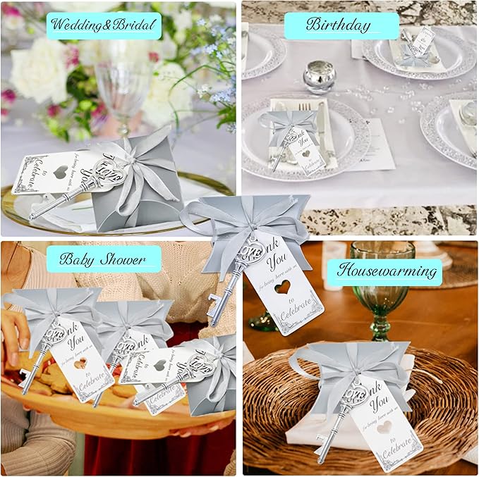 Aokbean 50pcs Skeleton LOVE Key Bottle Openers Pillow Candy Box Escort Thank You Tag Ribbon Wedding Favors Souvenir Gift for Guest Bulk (Antique Silver)