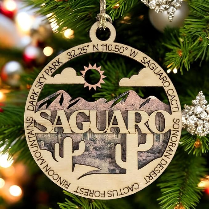 Saguaro National Park Handcrafted Wood Ornament - 3" Laser Cut Christmas Decoration, Arizona Desert Scene, USA Made