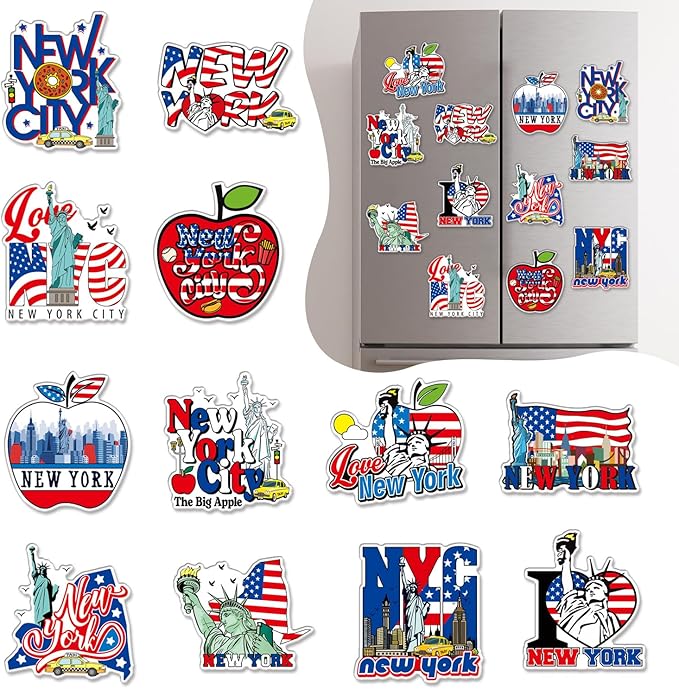 New York Fridge Magnet - 12Pcs New York Souvenirs Gifts NYC Refrigerator Magnets USA Flag Statue of Liberty Fridge Magnetic Stickers for Home Office Kitchen Locker Traveler Tourist Gift