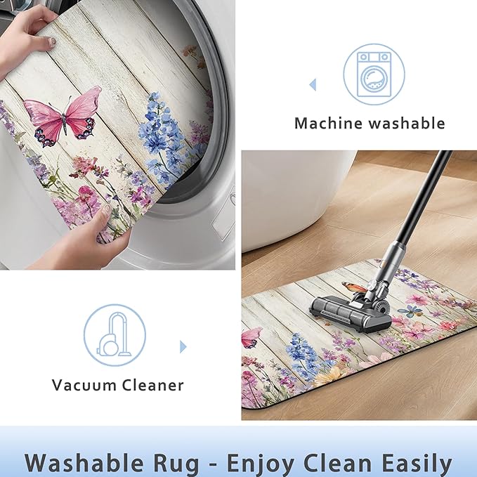Bathroom Rug 29.5"x17",Wood Board Butterfly Flowers Super Absorbent Fast Drying Bath Mat with Non-Slip Rubber Backing, Thin Low-Profile Easy-Clean Bathroom Floor Mat for Shower or Tub