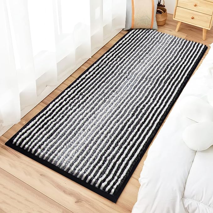 HDFK Bath Mat & Bathroom Rug - Extended Soft Chenille Shower Carpet, Super Absorbent Non-Slip with Hot Melt Adhesive Base, Washable Slim Fit Striped for Bathtub Floors (47x20 Inch, Black & White)