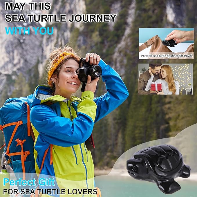Crystal Travel Sea Turtle Figurines, Black Obsidian Turtle Travel Gifts for Women Men Travelers, Hand Carved Good Luck Charm, Spiritual Companion Collectible Animal Statue Decors 2.1”