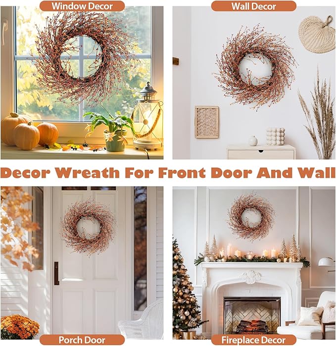 24 Inch Fall Wreath for Front Door with Large Grapevine, Orange Pip Berry Wreath for Fall Door Decor, Autumn Wreaths for Farmhouse Wall Window Home and Halloween Christmas Thanksgiving Decoration