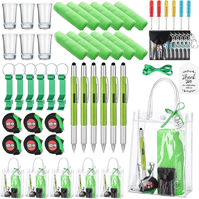 Leinuosen 6 Set Baby Shower Prizes for Men with Cleaning Cloth Bottle Opener Screwdriver Tape Measuring Keychain Multi Tool Pen Gift Bag Baby Shower Game Prizes for Winner(Green,Classic Style)
