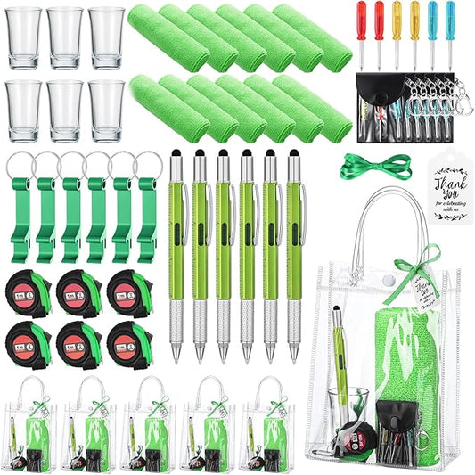 Leinuosen 6 Set Baby Shower Prizes for Men with Cleaning Cloth Bottle Opener Screwdriver Tape Measuring Keychain Multi Tool Pen Gift Bag Baby Shower Game Prizes for Winner(Green,Classic Style)