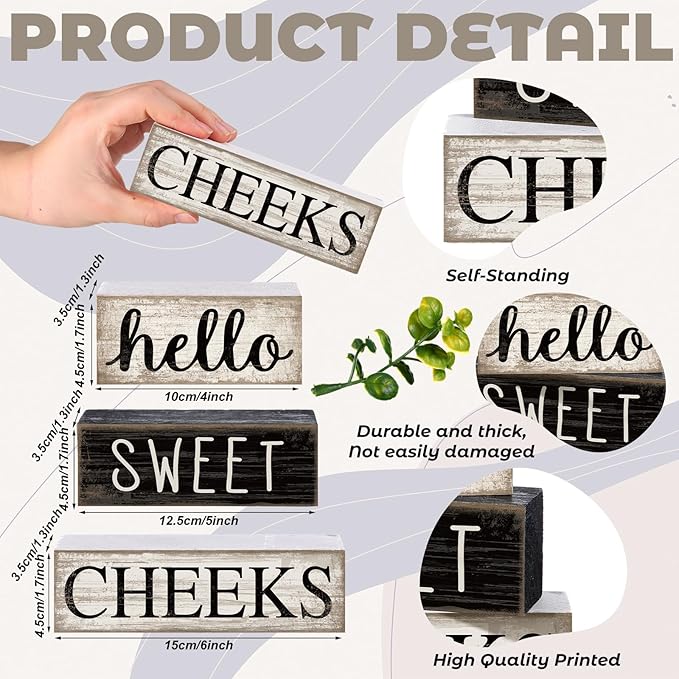 4 Pcs Bathroom Shelf Decor Hello Sweet Cheeks Sign Farmhouse Bathroom Decor and Accessories Rustic Eucalyptus Leaves Wood Block Sign Gift Sweet Home Table Centerpiece for Home Office