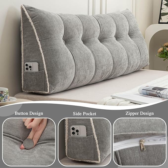 Headboard Pillow Queen, Chenille Triangular Wedge Pillow Headboard Queen Size, Reading Setting Backrest Daybed Pillows for Sofa Bed with Removable Cover, Grey