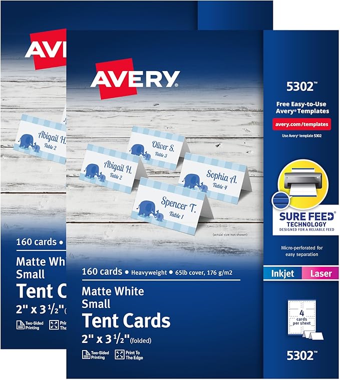 Avery Printable Tent Cards with Sure Feed Technology, 2" x 3.5", Matte White, 2-Pack, Total of 320 Blank Place Cards for Laser or Inkjet Printers (5812)