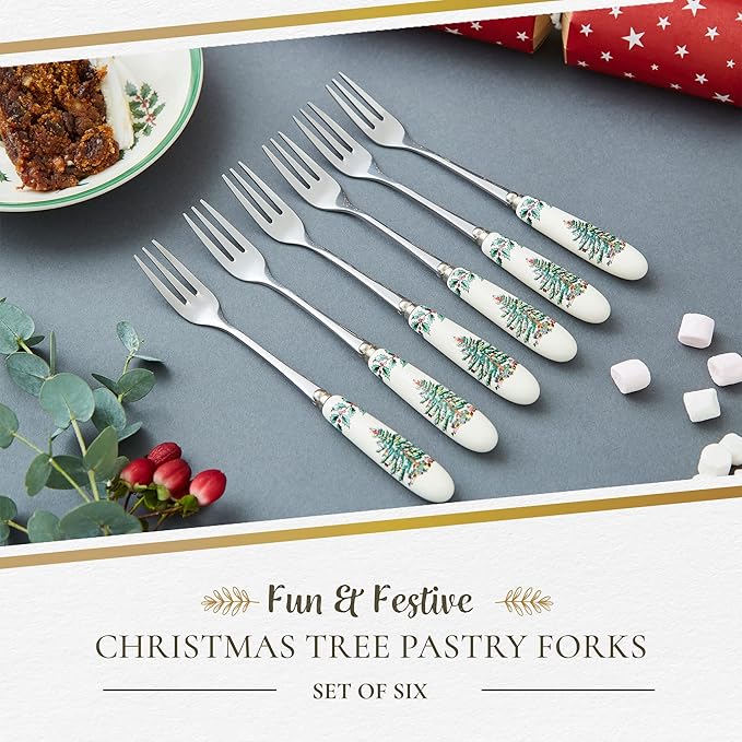 Spode Christmas Tree Pastry Forks (Set of 6), Stainless Steel Forks with Porcelain Handles for Holiday Meals, 6-Inch Festive Christmas Flatware - Seasonal Tableware & Silverware Gift Set