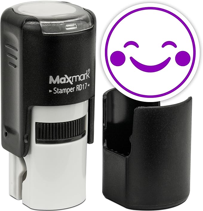 MaxMark Round Self Inking Emoji Stamp - Happy - Purple Ink