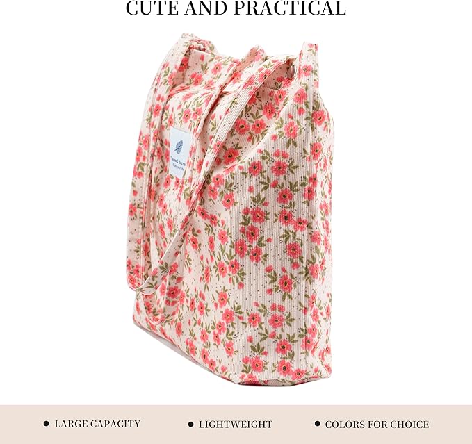 Corduroy Tote Bag Cute Tote Bags for Women Shoulder Bag with Inner Pocket for Work Beach Travel and Shopping Grocery