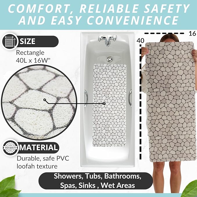 Non Slip Bathtub Mat Shower Mat for Tub - Loofah Bath Mats for Bathroom - 40x16 Bathtub Floor Mat - Textured Anti Slip Bath Mat Without Suction Cups - Secure Mat for Wet Areas (40x16 Pebble)
