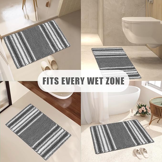HDFK Bath Mat & Bathroom Rugs, Ultra Soft Looped Chenille Popcorn, Super Absorbent & Non-Slip, Odorless Hot Melt Adhesive Carpet, Striped Shower Rug for Bathtub Floors (32x20 Inch, Black Gray, White)