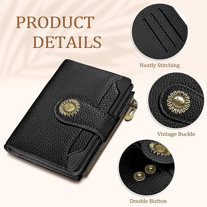 Black Small Wallet Women RFID Blocking Bifold, Credit Card Holder, Zipper Coin Pocket, PU Leather, Compact, Travel, 4 ID Window, 14 Card Slots, Cash Purse, Ladies Woman Female Girls