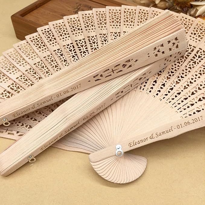 50 Pcs Wedding Fans Personalized Folding Hand Fans, Custom Sandalwood Handheld Fans Bulk Wooden Folding Fan, Vintage Hollow Carved Fans for Wedding Decoration Party Gifts Baby Shower (50Pcs)
