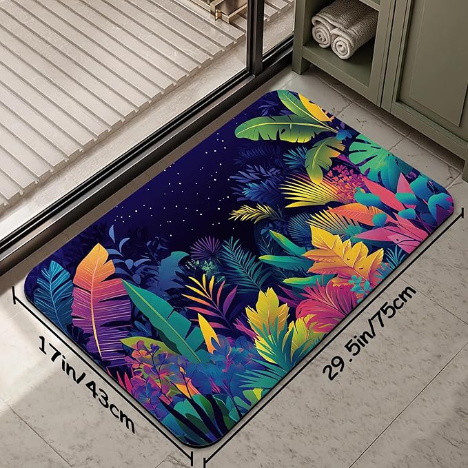 Tropical Colorful Leaves Bathroom Rug 29.5"x17", Super Absorbent Fast Drying Bath Mat with Non-Slip Rubber Backing, Thin Low-Profile Easy-Clean Bathroom Floor Mat for Shower or Tub