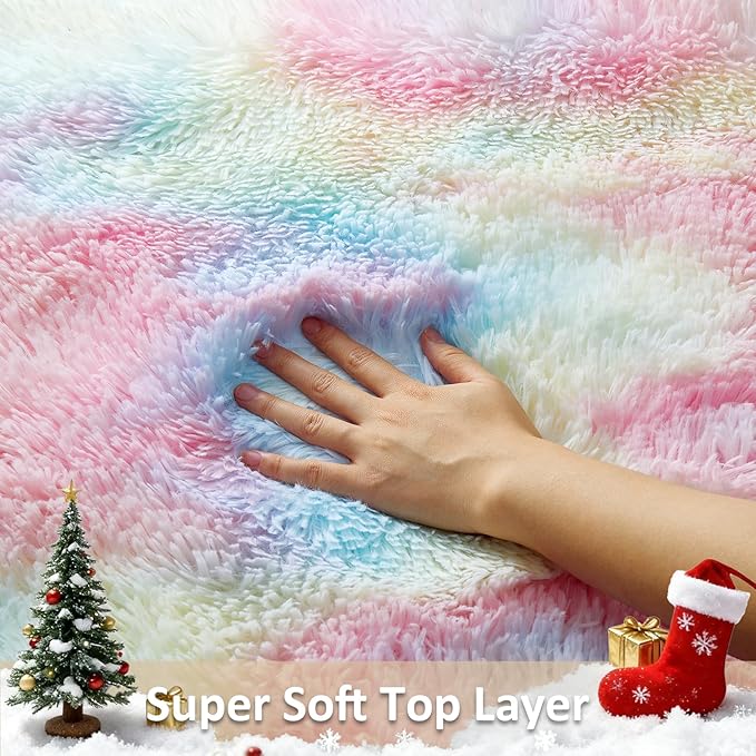 Ophanie Rainbow Rug for Bedroom Girls, Unicorn Colorful Fluffy Soft Cute Fuzzy Area Rugs, Shag Plush Shaggy Bedside Floor 4x6 Furry Carpet for Kids Baby Teen Dorm Nursery Home Decor Aesthetic