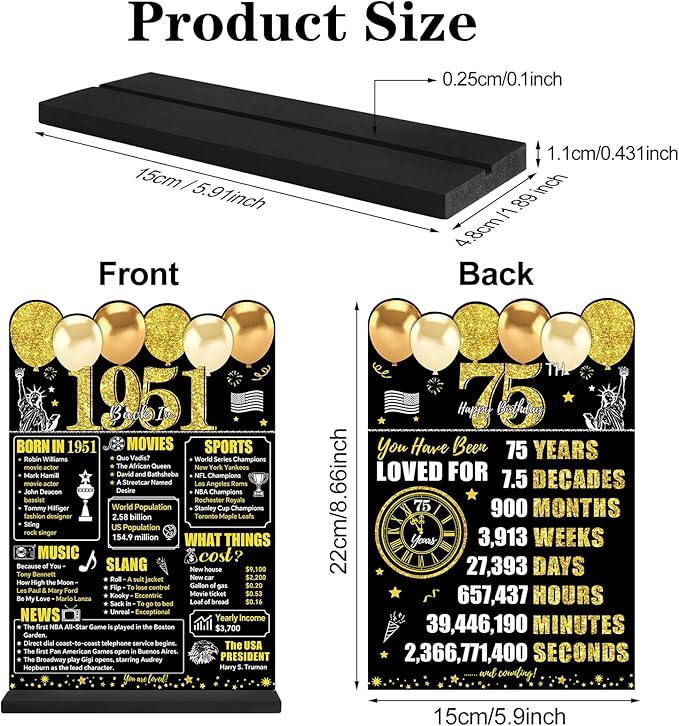 Black Gold 75th Birthday Decorations for Men Women, Two-Sided Vintage 75 Back in 1951 Theme Poster Wooden Table Sign with Stand, 75 Years Old Bday Centerpieces Holder for Table Decor