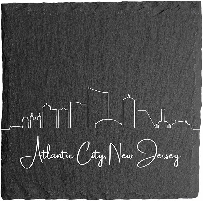 Blue Ridge Mountain Gifts - Atlantic City NJ Skyline Coasters - Set of 4, Atlantic City New Jersey Souvenir, Slate Coasters with Minimalist Skyline, Housewarming Gift for Friends, Family, & Neighbors