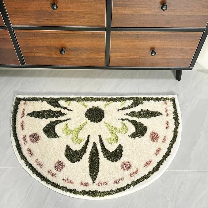 Washable Cute Bath Mat for Bathroom,31x20 Half Circle Non-Slip Small Bath Rugs, Absorbent Quick Dry Bath Mats, Plush Carpet for Bathtub, Boho Farmhouse Decor (Green Flower)