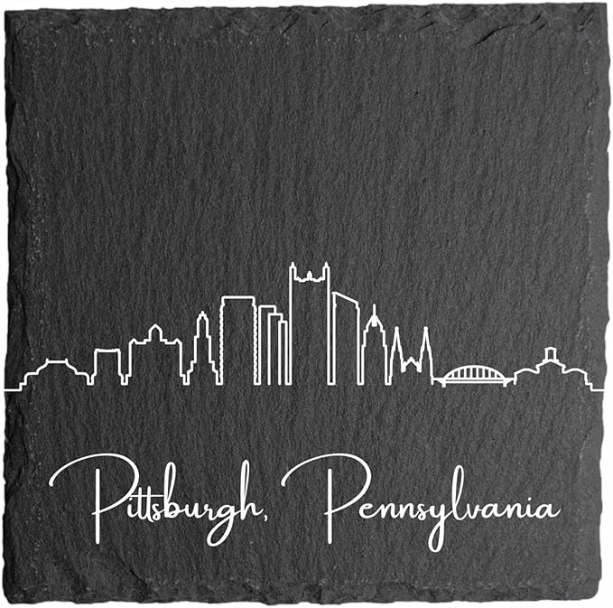 Blue Ridge Mountain Gifts - Pittsburgh PA Skyline Coasters, Set of 4 - Pittsburgh Pennsylvania Souvenir, Slate Coasters with Minimalist Skyline, Housewarming Gift for Friends, Family, & Neighbors
