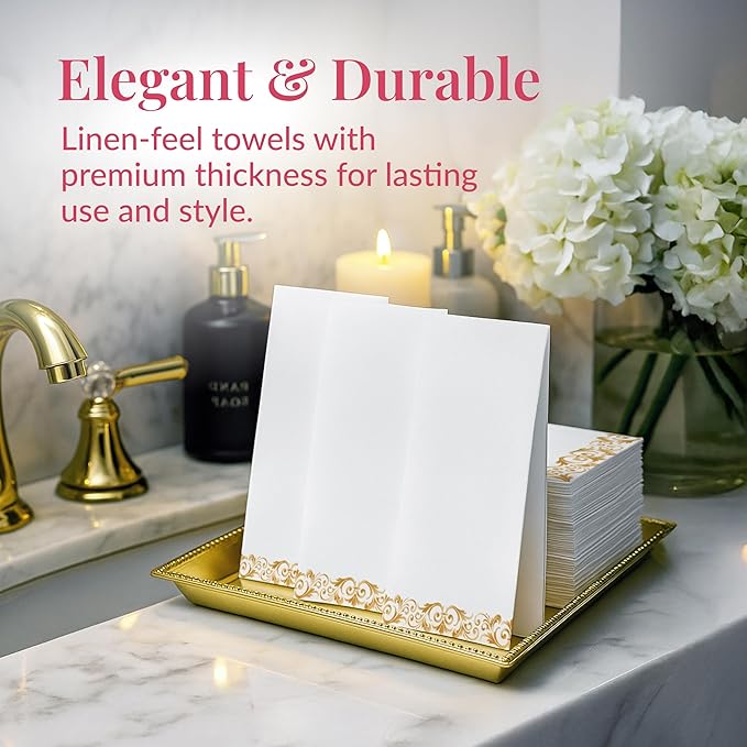 Prestee 200 Pack Disposable Paper Guest Towels for Bathroom, 2-Ply - Elegant Linen Feel Paper Napkins - Absorbent Decorative Guest Towels for Bathroom, Wedding, and Party Use - (White and Gold)