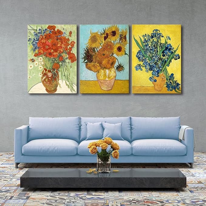 Wieco Art Large 3 Panels Canvas Prints of Vincent Van Gogh Paintings Reproduction Red Poppies and Daisies Sunflower Irises in Vase Canvas Wall Art for Living Room Home Office Decor