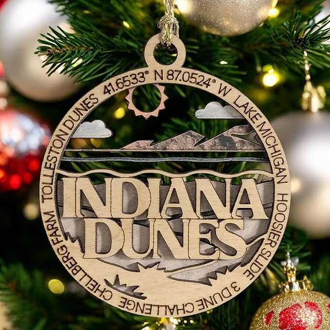 Indiana Dunes National Park 3" Wood Ornament - Laser Cut Christmas Decoration Featuring Dunes Scene
