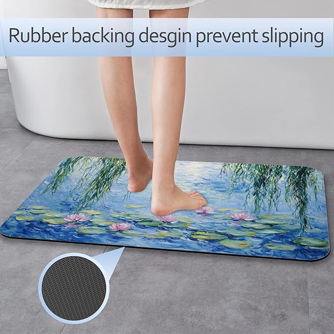 Bathroom Rug 29.5"x17", Claude Monet Water Lilies Bath Mat with Non-Slip Rubber Backing, Quick-Drying Absorbent Thin Floor Mat for Bathroom, Shower, Sink, or Kitchen