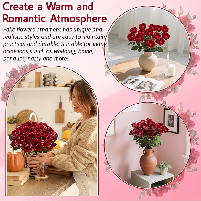 Roses Artificial Flowers, Fake Velvet Silk Roses in Bulk for Home Decor Indoor, Fake Roses Realistic Flowers with Stems for Wedding Centerpiece Party Decor (24, Purplish Red)