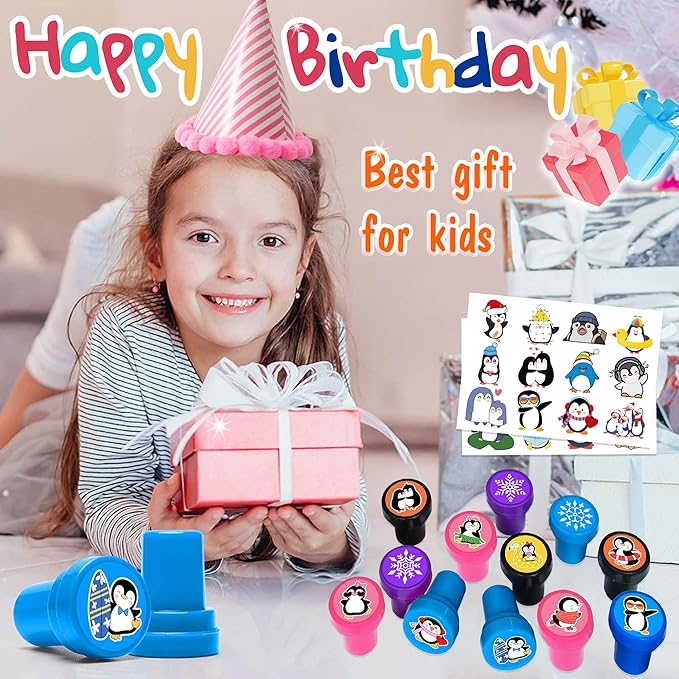 36PCS Penguin Party Favors - 24PCS Temporary Tattoos & 12PCS Stamps - Ideal Winter Animal Themed Birthday Card Decorations Supplies Goodie Bag Cute Rewards for Girls Boys Classroom Gifts Prizes