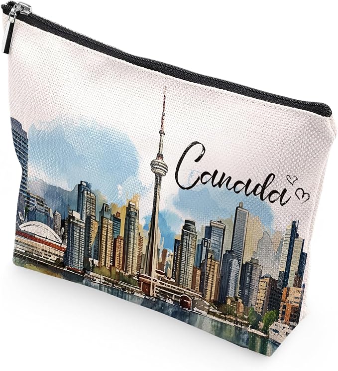 Canada Souvenirs Makeup Bag - Canada Gifts for Traveler, Montréal CN Tower Toronto Landscape Majestic Scene of Canda, Birthday Gifts for Travel Enthusiast