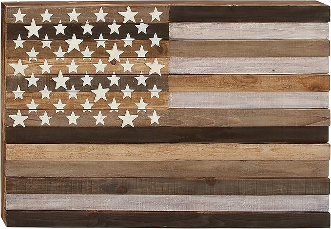 Deco 79 Wood American Flag Handmade Home Wall Decor Washed Wall Sculpture with Slatted Panels and Cream Stars, Wall Art 44" x 2" x 30", Brown