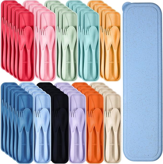 Yahenda 55 Set Reusable Travel Utensils Set with Case Wheat Straw Cutlery Portable Spoon Knife Fork Plastic Tableware Lunch Box Accessories Bulk for Adult Travel Picnic Camping Utensil(Colorful Color)