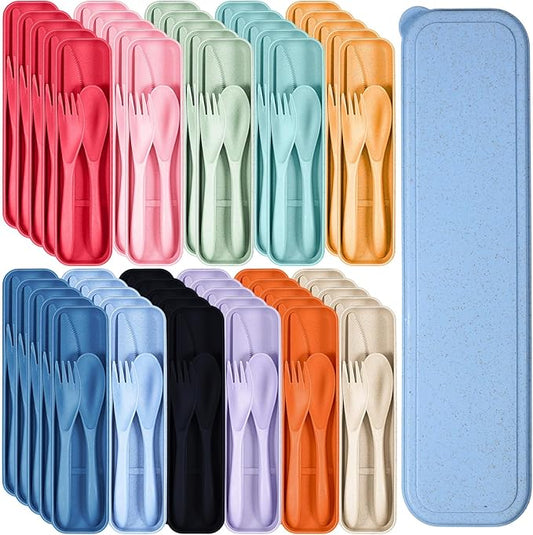 Yahenda 55 Set Reusable Travel Utensils Set with Case Wheat Straw Cutlery Portable Spoon Knife Fork Plastic Tableware Lunch Box Accessories Bulk for Adult Travel Picnic Camping Utensil(Colorful Color)