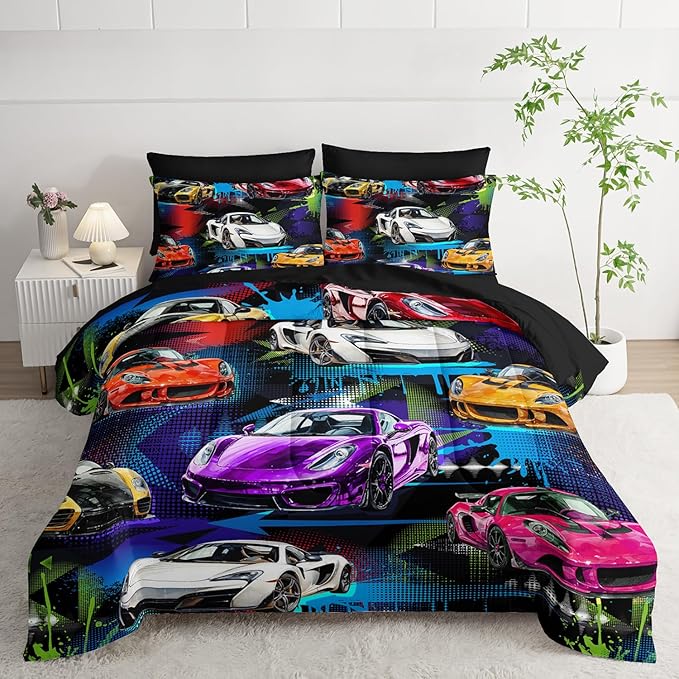 AILONEN 7-Piece Racing Car Comforter Sets Twin Size,Extreme Sports Bedding Set Bed in a Bag for Kids Boys Teens,Cool Speed Race Comforter & Fitted Sheet with Flat Sheet & 2 Pillowcases,2 Pillow Shams