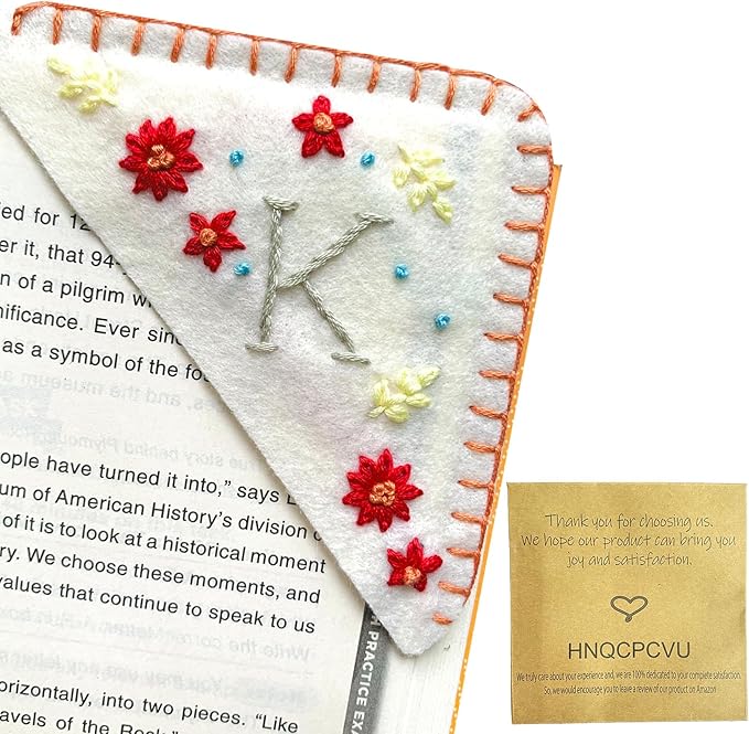 Personalized Hand Embroidered Corner Bookmark, Cute Flower Book Mark, Hand Stitch Gift for Women Book Lovers by HNQCPCVU (K, White)
