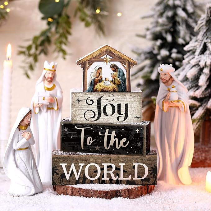 4 Pcs Christmas Table Decor Wooden Christian Religious Decoration Nativity Scene Centerpiece Joy to the World Tiered Tray Decor Farmhouse Xmas Decoration for Kitchen