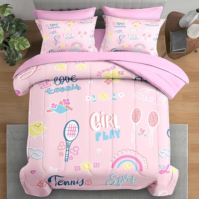 Comforter Set Queen Size, Cute Tennis Pink 7 Pcs Bedding for Kids and Adults, Rainbow Ball Flower Bed Sheet Sets with Fitted Sheet 2 Pillowcases & 2 Shams for Bedroom Bed Decor